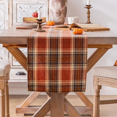 Plaid Fall Thanksgiving Table Runner, Autumn Holiday Rust Orange Table Runners 72 inches Long, Harvest Decorations Farmhouse Home Kitchen Dining Party Decor