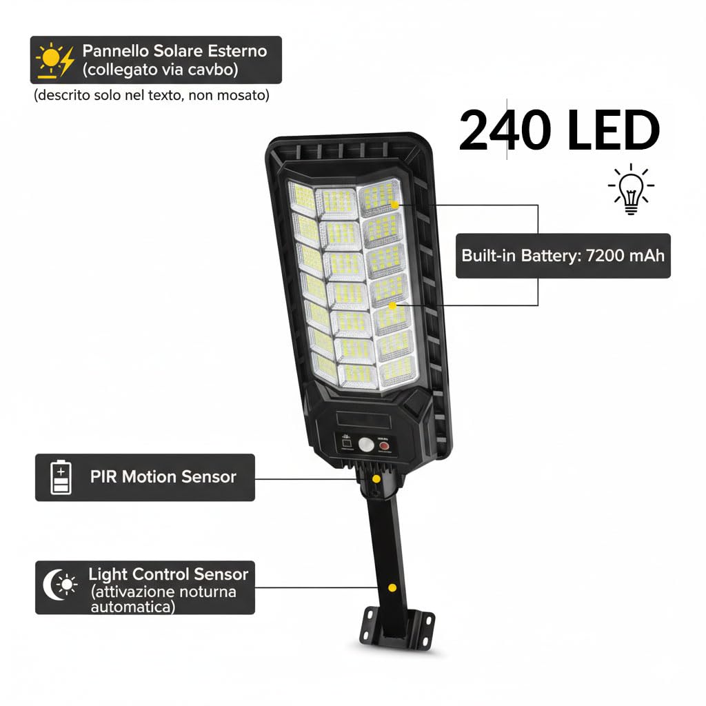 Lampione Solare 1500W 240 LED da Esterno con Sensore Movimento e Crepuscolare, IP65 Impermeabile, Pannello Monocristallino, Batteria Litio 12h, Luce Solare per Giardino, Cortile, Strada