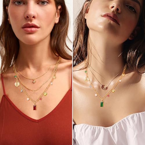 Gold Necklace for Women Dainty 14K Gold Plated Birthstone Necklace Green Blue Pendant Charm Necklaces Birthday Gifts Waterproof Jewelry2