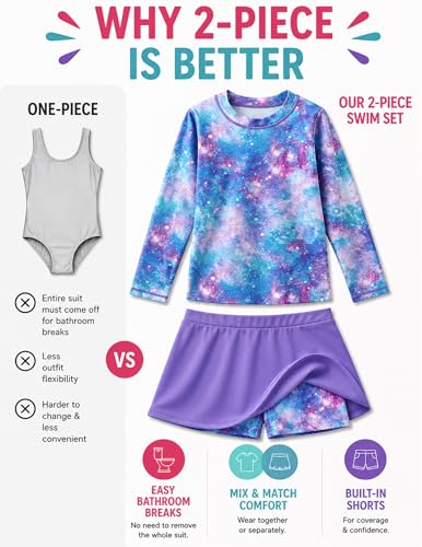 Image of Liberty Pro Girls Two Piece Swimsuits Long Sleeve Rash Guard Set, UPF 50+ Bathing Suit with Swim Shorts for Toddler and Teens