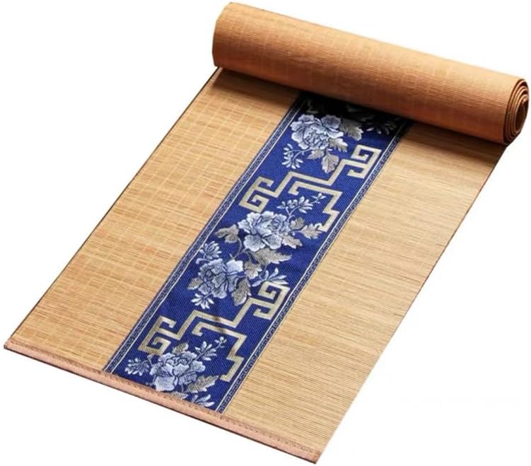 Asian Style Bamboo Table Runner, Floral Embroidery Cotton Linen Zen Bamboo Table Mat for Home Kitchen Dining Decor (Navy Blue, 12x72 Inch)