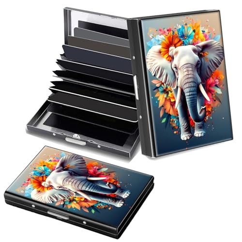 RFID Blocking Slim Aluminum Credit Card Holder for Men&Women, Small Metal Wallet with 6 Accordion Slots, Lightweight Business Card Case, Fashion Pattern ID Wallet Gift,Elegant Elephant and Flowers