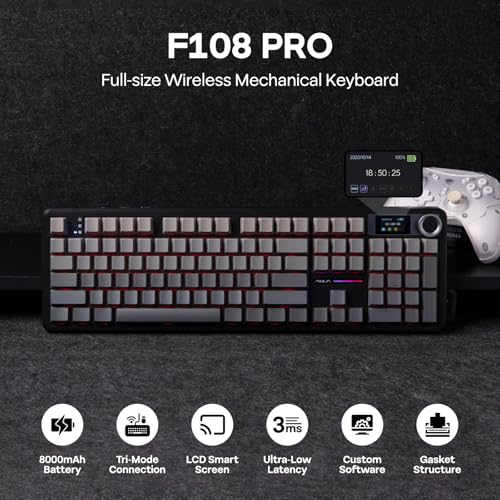 Image of EPOMAKER X Aula F108 PRO Wireless Gaming Keyboard with Screen, 8000mAh Battery, 104 Hot-Swappable and Programmable Keys and Knob, RGB Backlight, for Mac /PC /Android (Black Gradient)