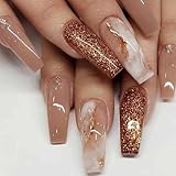 DANMANR Long Press on Nails Marble False Nails Art Full Cover Acrylic Coffin Orange Fake Nails for Women and Girls 24PCS