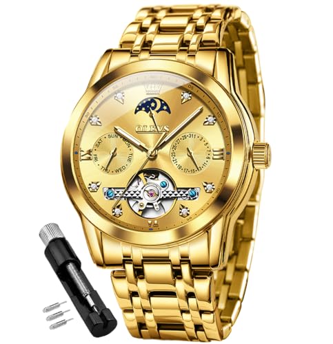 OLEVS Men Automatic Watch Gold Watch Skeleton Luxury Dress Stainless Steel Strap 5 Hands Moon Phase Diamond Men Wrist Watches