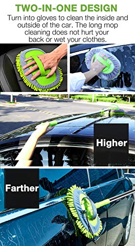 WillingHeart 47.5" Car Wash Brush Mop Cleaning Tool with Long Handle Kit for Washing Detailing Cars Truck, SUV, RV, Trailer, Boat 2 in 1 Chenille Microfiber Sponge Duster Not Hurt Paint Scratch Free