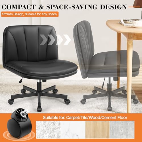 FelixKing Criss Cross Chair with Wheels, Cross Legged Office Chair, Armless Wide Vanity Desk Chair with Comfty PU Leather & Back - Swivel Height Ajustable for Home Office Bedroom, Black