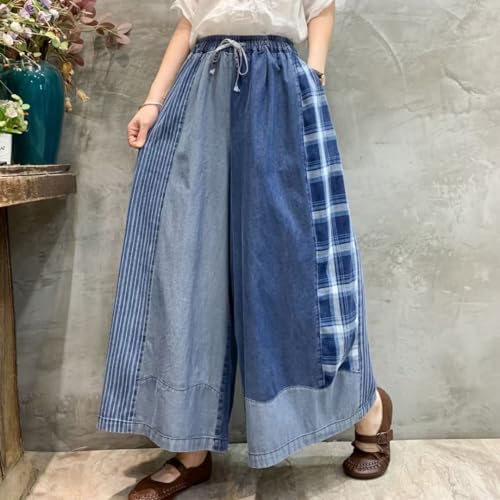 Womens Casual Loose Cropped Jeans Wide Leg Denim Pants Skirts Vintage Pants Trousers Elastic Waist with Pockets (US, Alpha, Small, Large, Blue Patchwork2)3