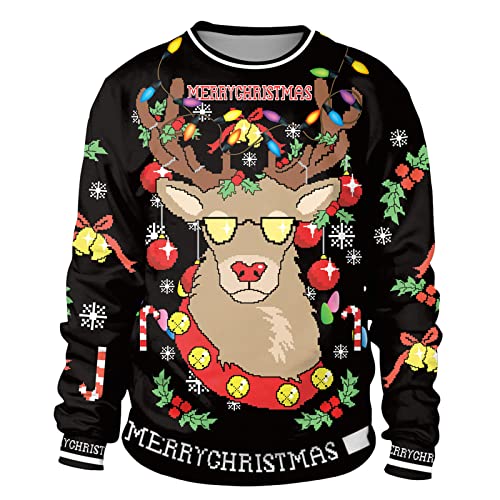 TOONRAIN Unisex Ugly Christmas Crewneck Sweatshirt Funny 3D Printed Reindeer Pullover Xmas Sweater for Men and Women(Reindeer, XL)