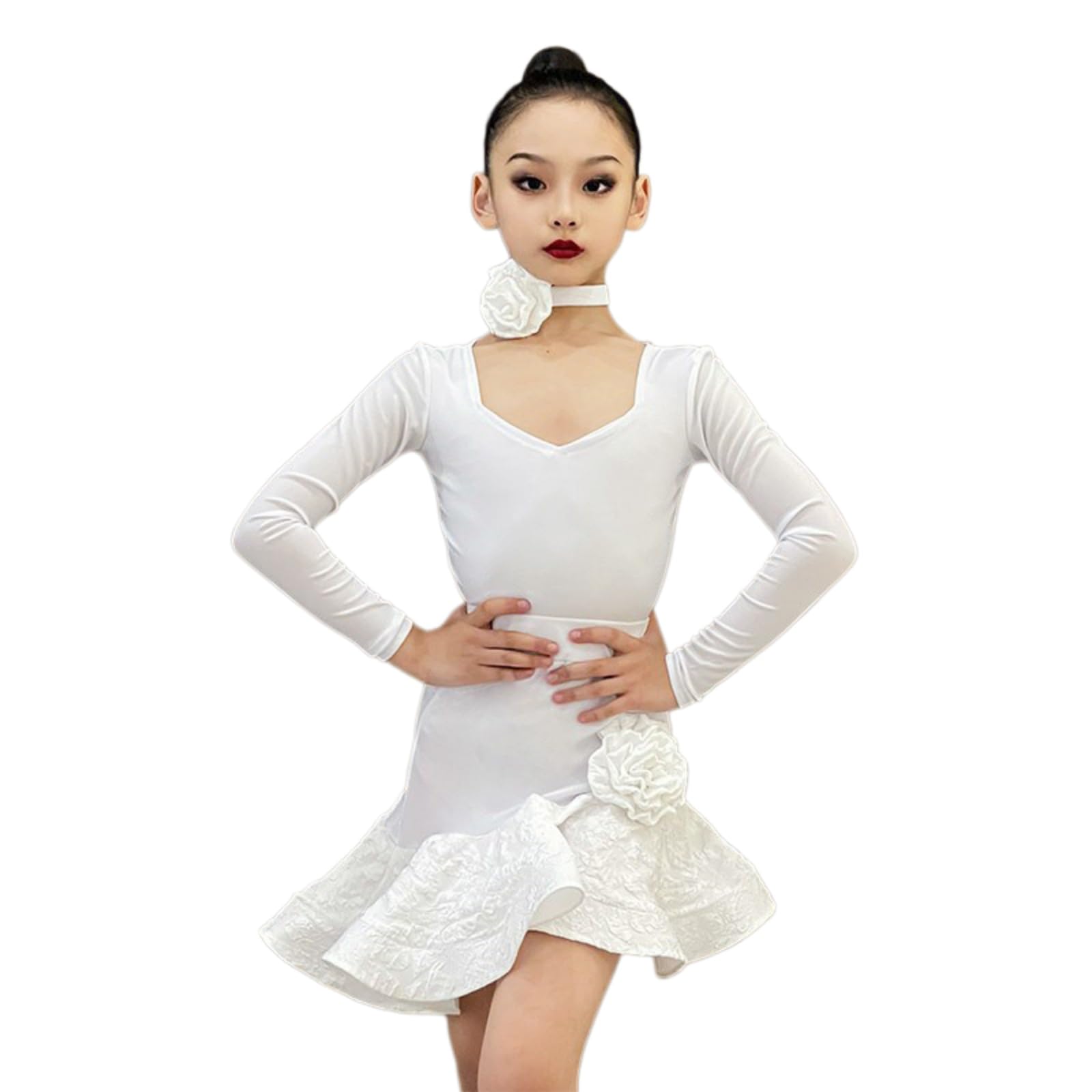 Abito Da Ballo Latino For Ragazze,Body A Maniche Lunghe E Gonna Con Volant | Autunno Inverno For Bambini For Rumba Samba Cha Cha Tango,Completo Da Ballo For Performance Competizione