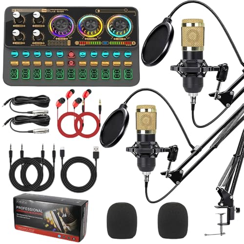 Benustra Paquete de equipos de podcast para 2, interfaz de audio con micrófono cardioide BM800 para jugadores y mezcladores de DJ, mezclador de audio con cambiador de voz para podcast, grabación