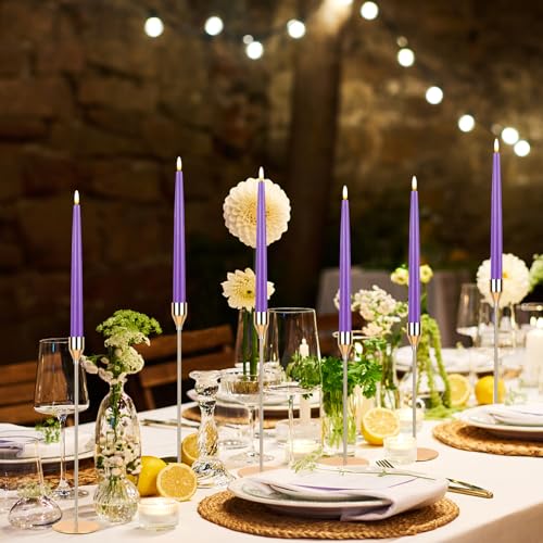 Image of CVHOMEDECO. Flameless Taper Candles with 10-Key Remote, Battery Operated Led Flickering 3D Wick Window Candles Real Wax Finished Home Christmas Party Decor 0.78 x 11 Inch, Pack of 2, Purple