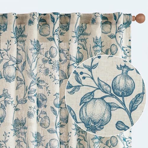 jinchan Linen Curtains Floral Curtain for Living Room 63 Inch Length Blue French Rod Pocket Light Filtering Toile Print Farmhouse Bedroom Curtains Window Drapes Set 2 Panels 50"W x 63"L (Pac