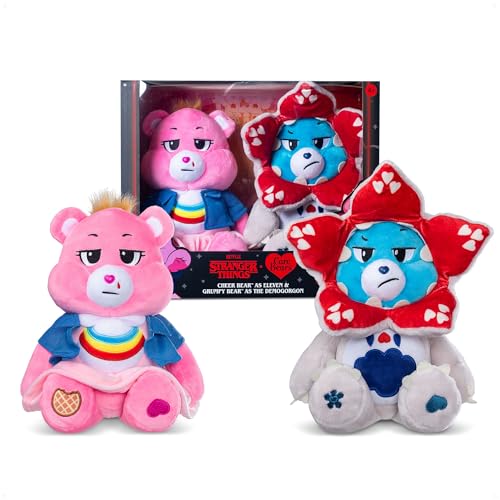Basic Fun Care Bears x Stranger Things Set de 2 Peluches – Cheer Bear como Eleven & Grumpy Bear como Demogorgon – Edición Limitada – Regalo para Fans