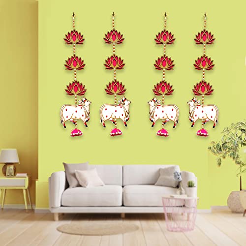 Image of CraftVatika Cow Pichwai Hanging & Golden Lotus Wall Door Decor Hanging MDF for Home, Temple, All Festival Decoration (4 Pc's)