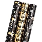 LDGOOAEL Mini Short Christmas Wrapping Paper Roll with Cut Lines on Reverse (17" X 120" Per Roll) - Black Gift Wrap with Gold Deer&Snowflake Design for Holiday