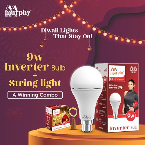 Image of Murphy 9W Inverter Bulb with 3M Battery Operated String Light Combo Pack for Home, Cool Daylight, Base B22, with 1.5 Year Warranty, Pack of 3