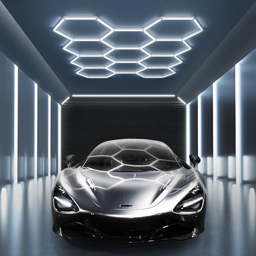 MODERN 11 Hexagon LED Garage Light, Ultra-Bright 6500K Natural White, 11 Grids for Garage, Mall, Shop, and Auto Detailing. 11 HEX (‎129"L x 92.5"W x