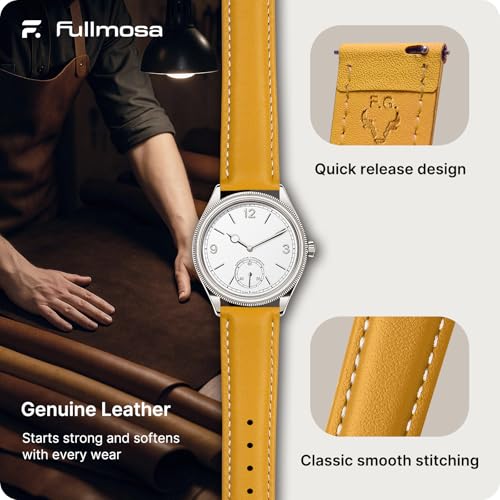 Image of Fullmosa Watch Straps 20mm, Axus Series Leather Strap Replacement Watch Strap with Stainless Steel Metal Clasp for Men Women 14 /16 /18 /20 /22 /24mm, Yellow 20mm | Strap for Garmin Vivoactive 6 /5,Venu Sq 2 /Sq,Galaxy Watch 7 /6 /5 40mm 44mm Women Men, Yellow&Silver Buckle