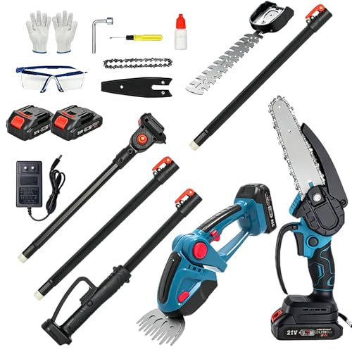 Mini Tronçonneuse et Taille Haie 2 en 1, Tronconneuse Électrique à Perche Télescopique avec 2 Batteries, Rallonge Jusqu'à 4,2 M, Perche Élagueuse Tronçonneuse Sans Fil pour Coupe Branches et Jardin