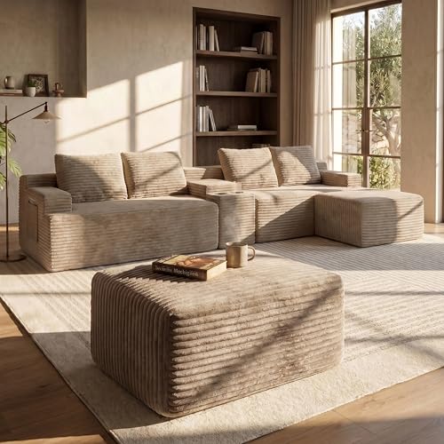 Image of 140 inch Modular Sectional Sofa Couch, Oversized U Shape Cloud Couch with 2 Ottomans, Storage and Cupholders, Corduroy Sofa Boneless Couches for Living Room, No Assembly Required, Camel