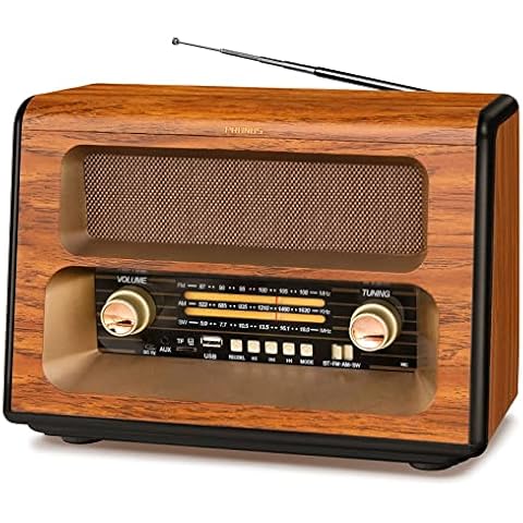 PRUNUS J-199 Large Vintage Radio Bluetooth, AM FM Radio Shortwave, 15W Crystal Speaker, Support AUX/TF Card/USB Playing, AC Charging, Rechargeable Battery and Battery Operated Radio, MIC Recording Cover