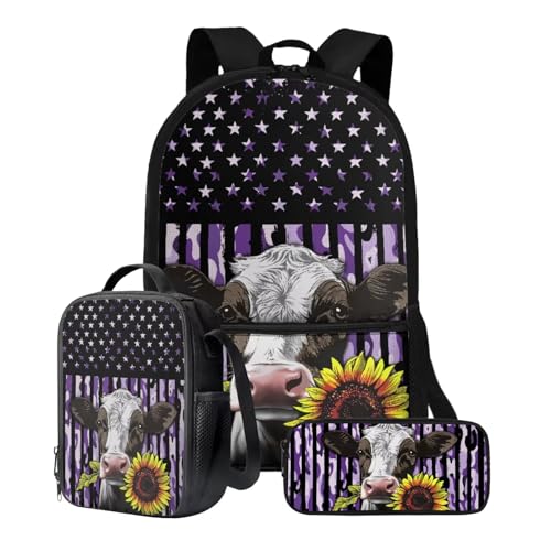 Set di 3 borse per libri + portapranzo + astuccio per matite per studenti 43.2 cm grande zaino per la scuola set per ragazzi e ragazze per il rientro a Bandiera Viola Girasole Mucca