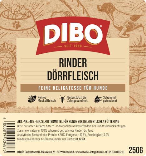 DIBO Rinder-Dörrfleisch, 250g-Beutel, Naturkau-Snack oder Leckerli für Zwischendurch, Hundefutter, Qualitätskauartikel ohne Chemie von DIBO