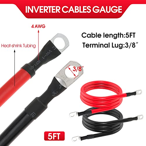 4 Awg Battery Cable 4Awg Gauge Pure Copper Battery Inverter Cables With 3/8 In Lugs Both Ends Power Inverter Wire Set For Automotive Solar Marine Boat Rv Car Motorcycle Red And Black (5Ft) #TOP1
