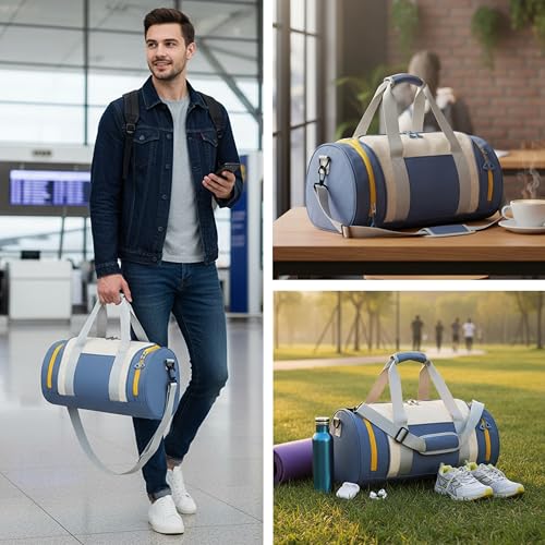 Image of POPCUBE Nylon 25cm Small Lightweight Waterproof Duffle Bag for Travel | Weekender Overnight Air Cabin Holdall for Men Women with Front Opening - 45cm x 25cm x 25cm (Modern, Blue)