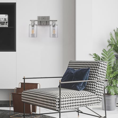 Image of Brushed Nickel Bathroom Light Fixtures Over Mirror,2-Light Bathroom Vanity Light with Clear Glass Shade,Modern Farmhouse Wall Sconces Lighting for Mirror Kitchen Living Room Cabinet