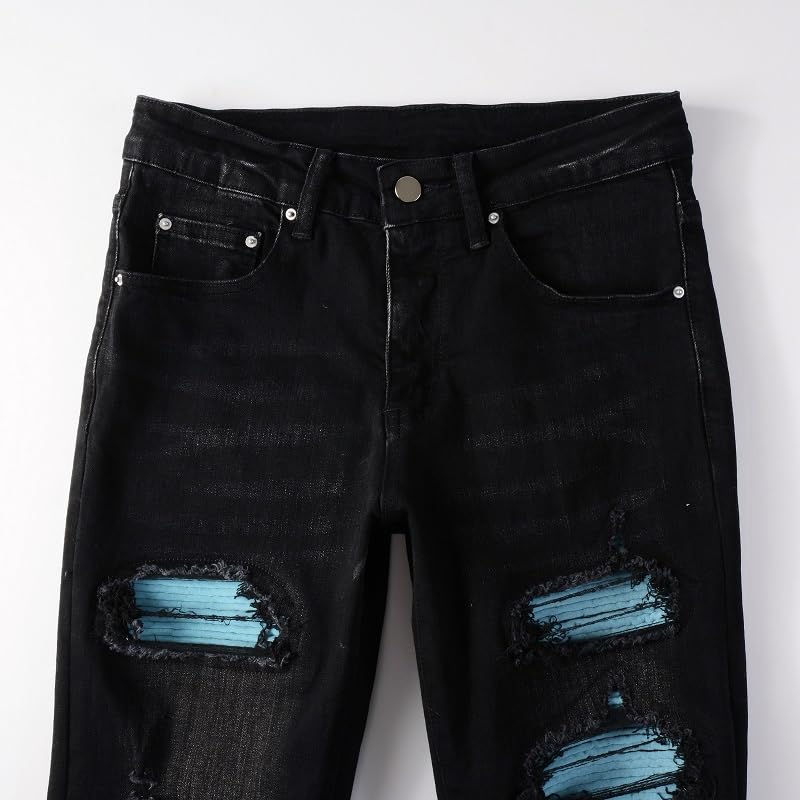 Mens Blue Flannel Patchwork Ripped Jeans Skinny Pants Stretch Slim Fit Distressed Trousers2