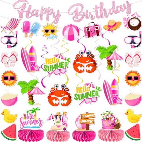 Image of Summer Pool Birthday Party Decorations Beach Theme Happy Birthday Banner Pool Beach Hanging Swirls Hello Summer Party Decorations Honeycomb Centerpiece for Hawaiian Luau Birthday Party Supplies