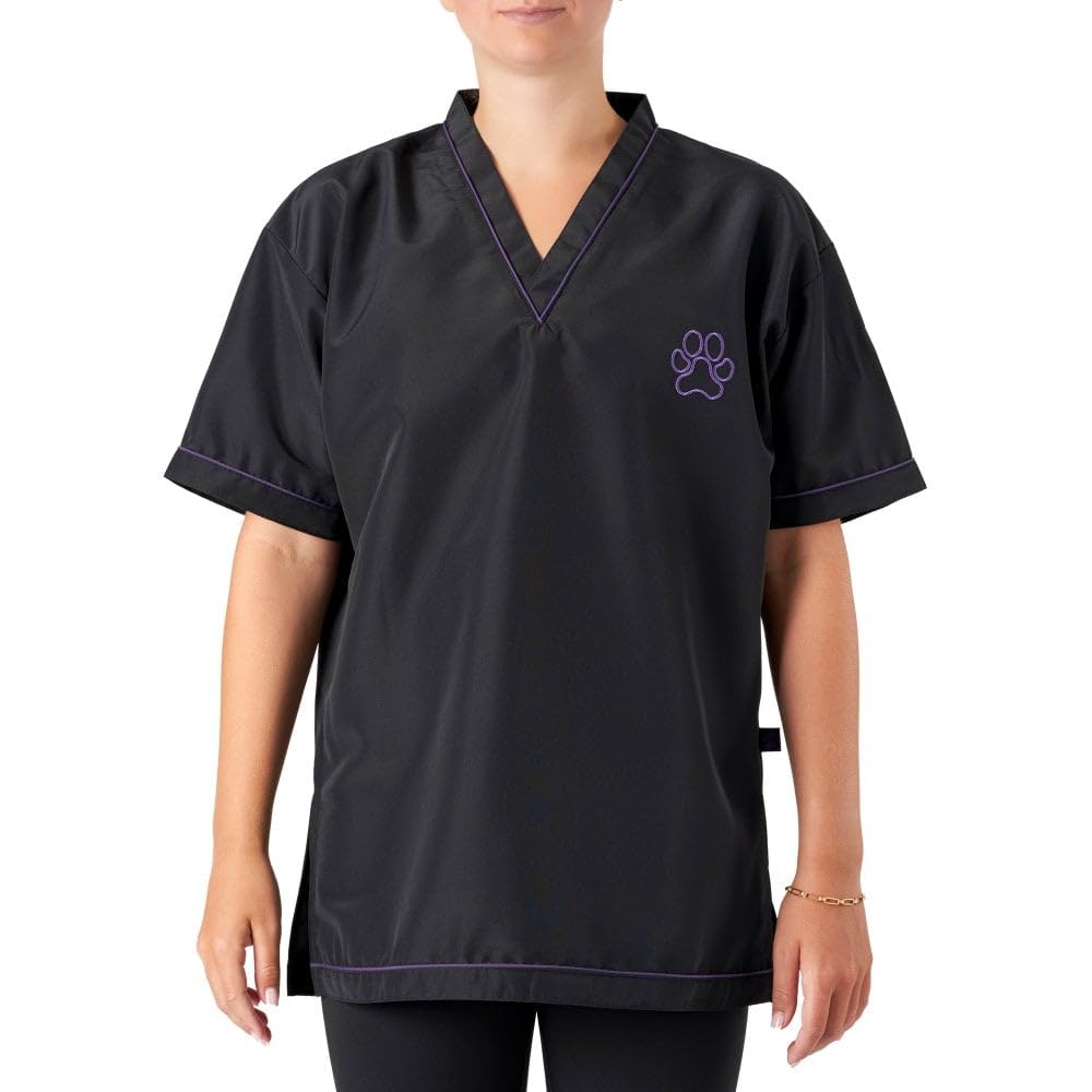 Groomers Dog Grooming V-Neck Tunic | Hair-Resistant & Lightweight | Machine Washable & Quick Drying | Unisex Short Sleeve Professional Workwear (UK, Alpha, 3XL, Regular, Regular, Black Purple Piping)