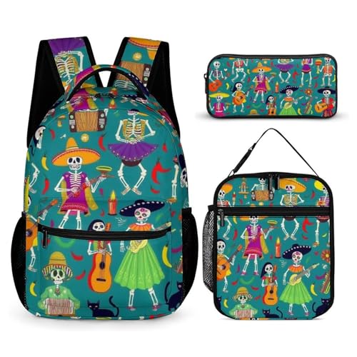 Backpack Book Bags with Lunch Box Storage Bag Backpack Set Daypack with Lunch Bag and Cosmetic Bags (Day of The Dead Skeleton Dance)