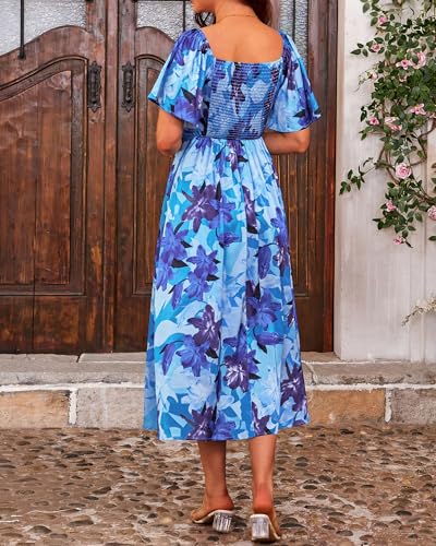 Image of Fashionme Womens Dresses 2026 Maxi Dresses Deep V Neck Elegant Bow Tie Front Cap Sleeve Summer Floral Satin Smocked Dress