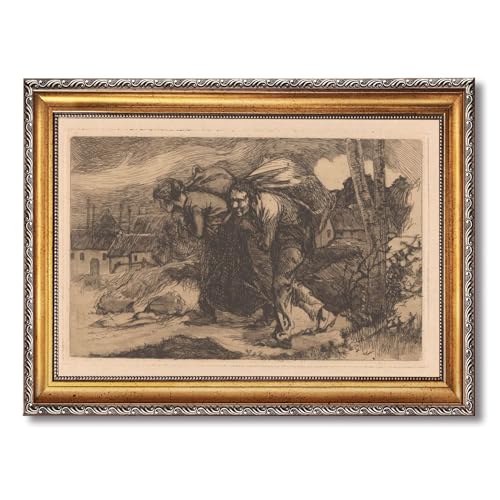 Vintage Framed rural labor scene Wall Art Canvas Print Oil