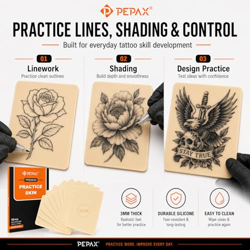PEPAX 10Pcs Tattoo Practice Skin, 3mm Thick 6"x8" Double-Sided Fake Skin - Premium Blank Silicone Realistic Tattoo Skin with Deluxe Storage Box for Beginners Training & Pro Artists Tattooing Supplies — view 5