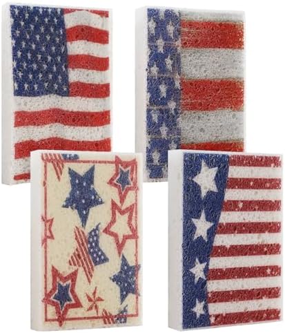 4Pcs USA Flag Heavy Duty Kitchen Dish Sponges | Large Odor Free Non-Scratch Scrub Pad | Household Cleaning Scrubber for Sink, Counters, Surfaces, Pots, Pans, Dishwashing (6