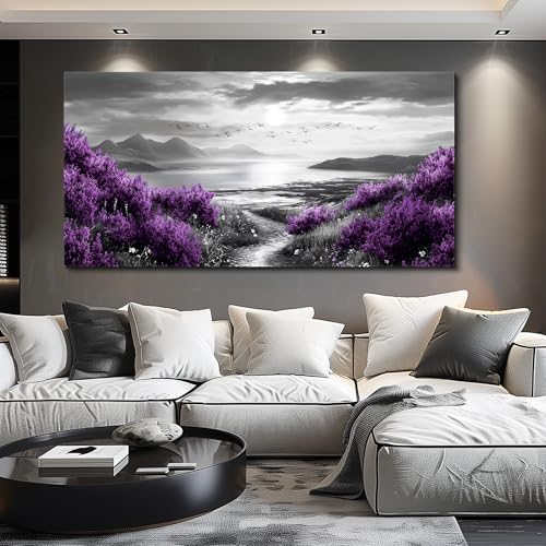 Canvas Wall Decor for Bedroom Large Wall Art for Living Room Modern Office Wall Decoration Purple Flowers Landscape Paintings Black and White Scenery Pictures Artwork Aesthetic Home Decor
