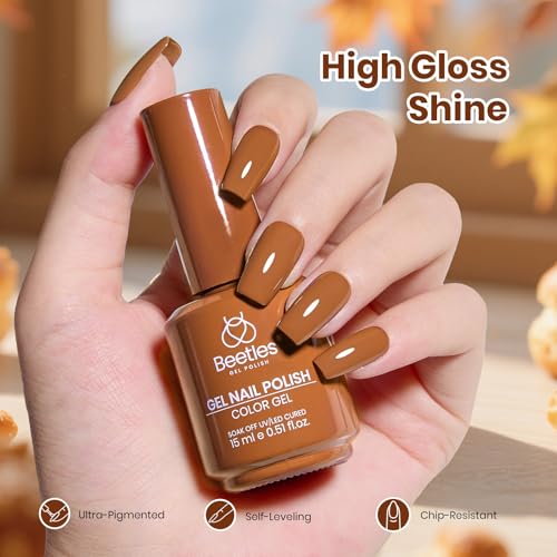 Image of Beetles Brown Gel Nail Polish - Caramel Puff 15ml Warm Nude Brown Nail Color Polish for Fall Manicure, High Gloss Autumn Nail Art Soak Off UV LED Gel for Women, Home DIY & Salon Use