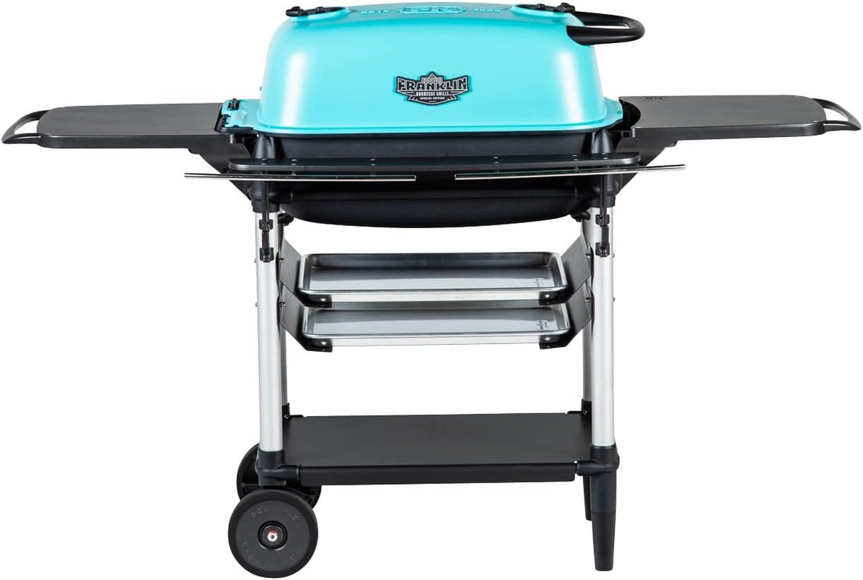 Portable Charcoal BBQ Grill and Smoker, Cast Aluminum Outdoor Kitchen Barbecue Grill for Camping, Backyard Grilling, Park, Tailgating, Teal, ​​New Original PK Aaron Franklin Addition