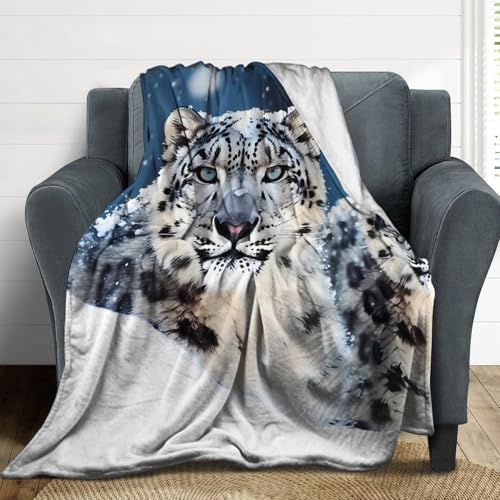 Couverture léopard des neiges yeux bleus, jeté de lit décoratif chaud