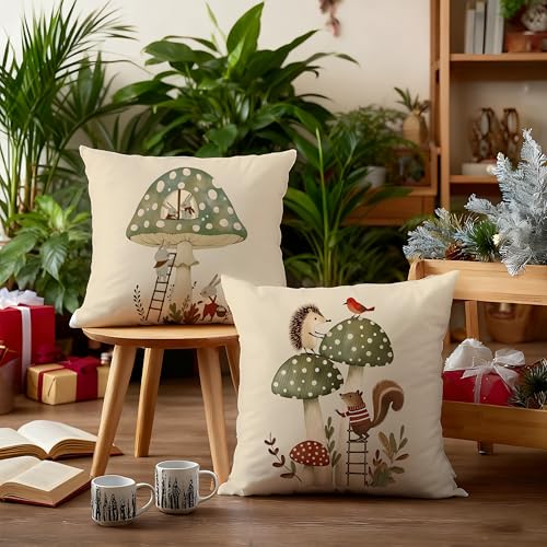 EUYTHNGYF Whimsical Forest Animal Kids Pillow Cover 18x18 Double-Sided Set of 4, Boho Cottagecore Tree Mushroom Throw Pillow Cover Case for Nursery Kids Bedroom Playroom by EUYTHNGYF - Used condition - Image 5
