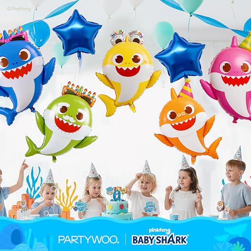 Image of PartyWoo Baby Shark Family Foil Balloons 13pcs Baby Shark Family Blue Round Star Mylar Happy Birthday Banner Letter Balloons for Boys and Girls Under the Sea Kids Birthday Party Decorations