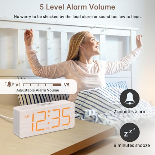 Image of DreamSky Wooden Digital Alarm Clock for Bedroom with Large Numbers | Loud Alarm Clock for Heavy Sleepers with Volume Control, Desk Clocks for Living Room, Dimmer, DST, Wood Decor (Plug in Clock)