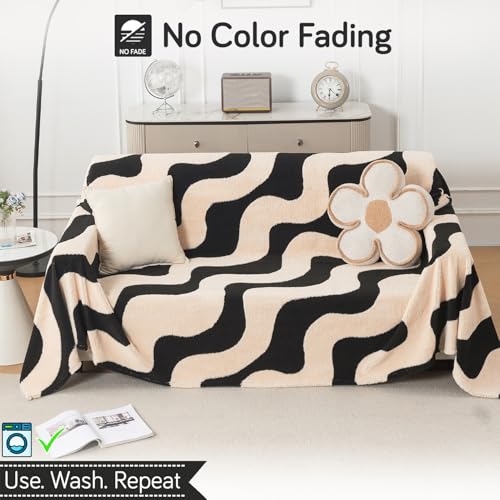 Image of HOKIPO Luxury Plush Sofa Cover Throw for 3 Seater Sofa | Soft Sofa Throw for Complete Sofa Protection, 'Noirea Series' Wavy Stripe (180x310 cm) (AR-6653-D3)