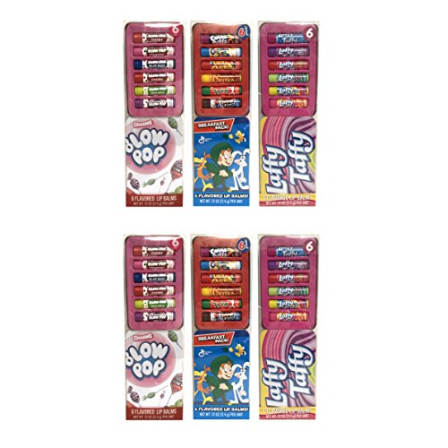 Taste Beauty 6PC Assorted Lip Balm Tin Set, 36 Flavored Lip Balms Total (Charms Blow Pop, General Mills Cereal, Laffy Taffy)