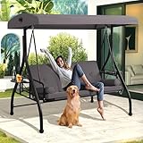 MAGIC UNION 3-Seat Outdoor Patio Swings with Canopy Adjustable Porch Swing with Stand, Upgrade Pillows Cushions and Foldable Side Tray for Patio, Backyard (Gray)