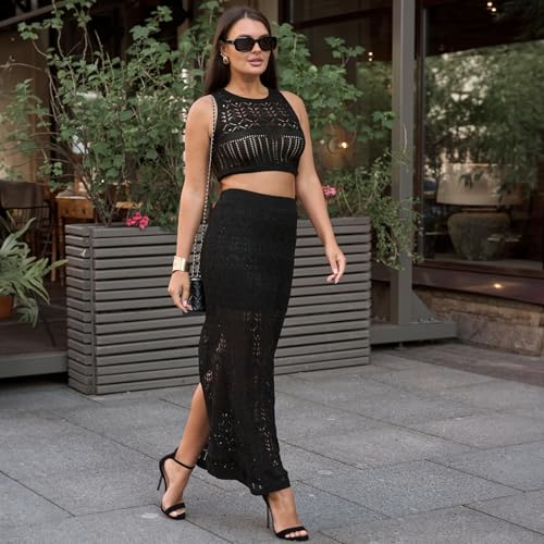 Eluwe Black Maxi Skirt & Top, Two Piece Summer Set, Womens 2 Piece Outfits, Long Skirt, Womens Business Casual Clothing3